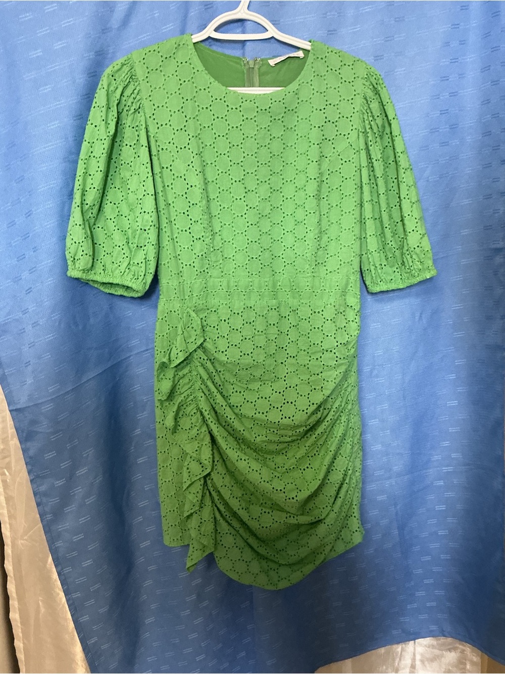 Karlie Green Eyelet Puff-Sleeve Ruched Midi Dress